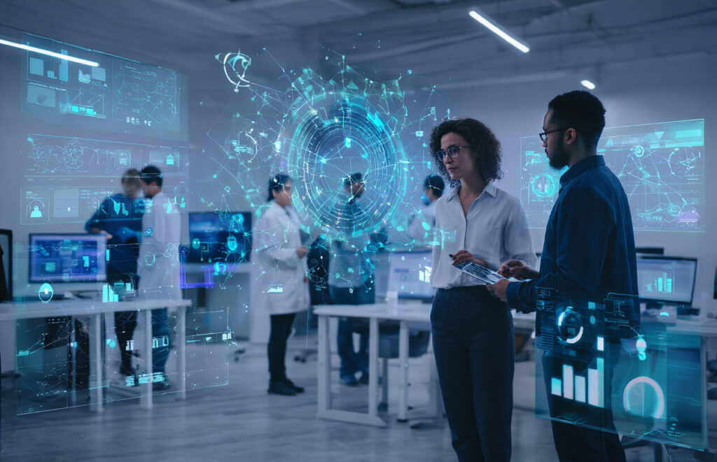 Create a realistic image of a diverse team of engineers collaborating in a modern tech workspace with AI visualization displays showing interconnected networks and data flows, holographic UI elements, and a subtle blue-purple lighting that gives a high-tech atmosphere while maintaining a professional environment, symbolizing the future of AI engineering.