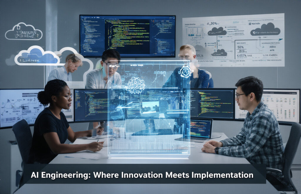 Create a realistic image of a modern workspace with multiple screens displaying AI algorithms, neural network visualizations, and code. In the foreground, a diverse team of engineers (a black female, an asian male, and a white male) are collaborating around a central holographic display showing a machine learning pipeline from data collection to deployment. The background features cloud infrastructure diagrams and real-time metrics dashboards. The text "AI Engineering: Where Innovation Meets Implementation" appears at the bottom.